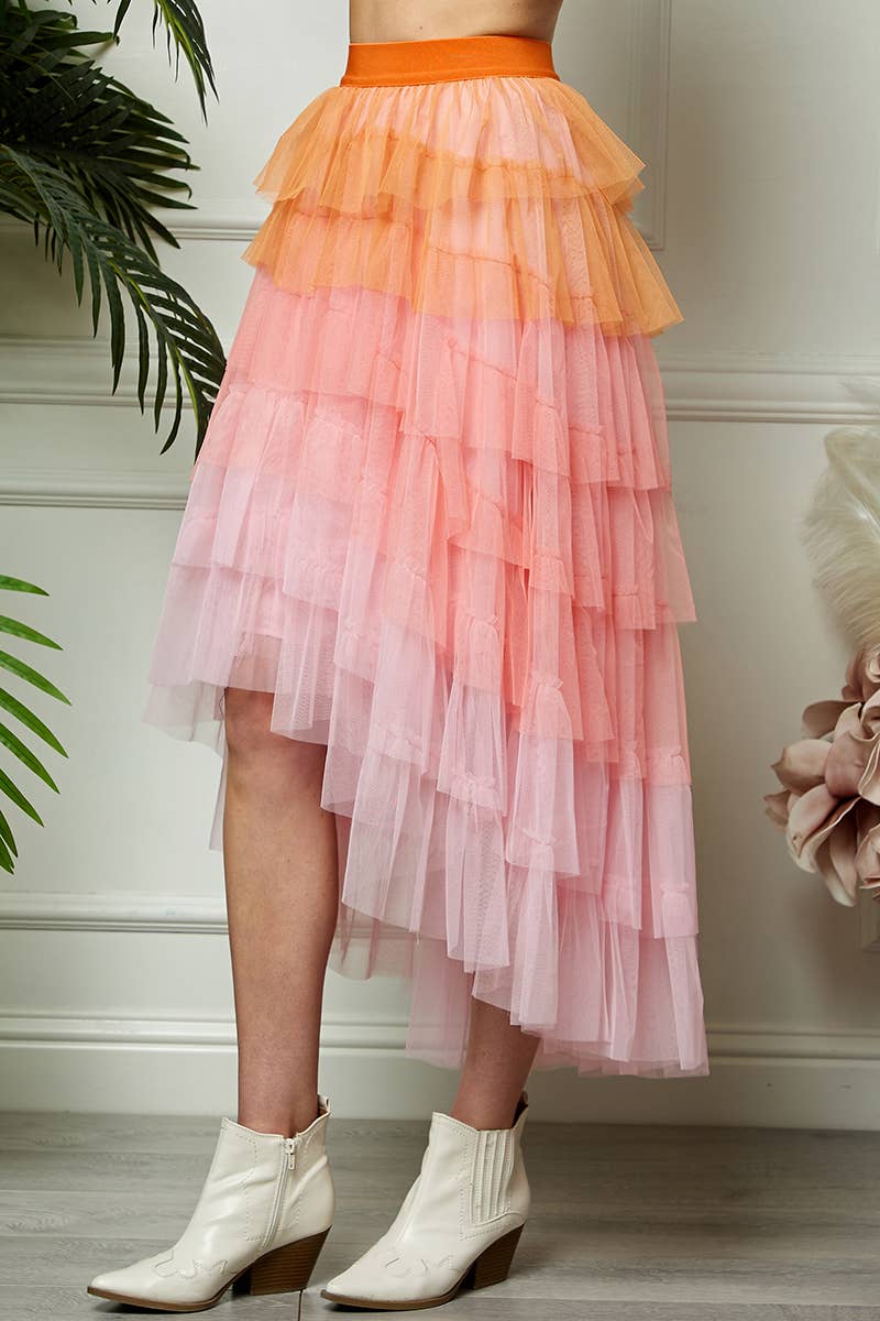 High Low Tiered Tulle Skirt: Orange/Pink / One Size