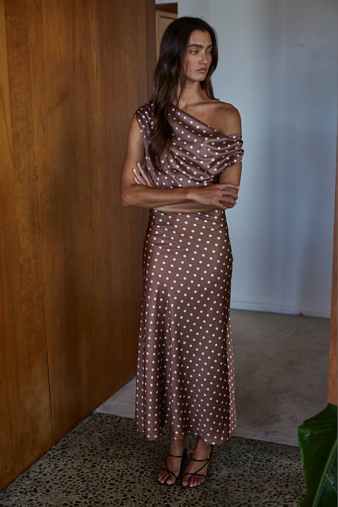 Satin Polka Dot Cowl Neck Maxi Dress: Chocolate