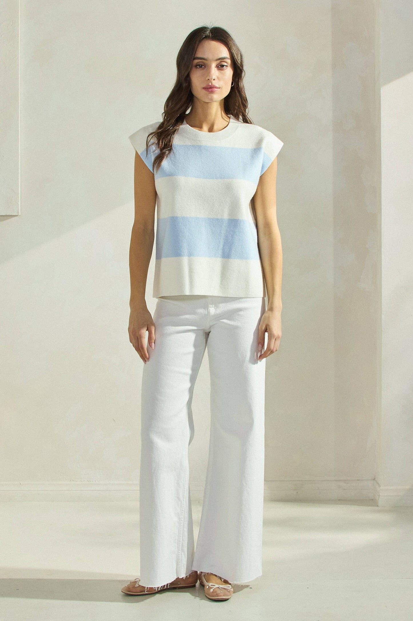 Striped Sleeveless Knit Top: IVORY/SKY