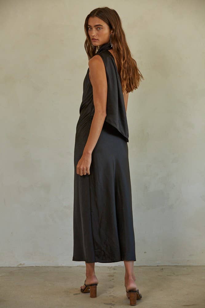 Satin Polyester Spandex Open Back Midi Dress: Black / L6636