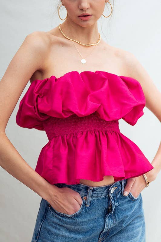 Strapless Ruffle Smocked Waist Silky Peplum Top: BERRY