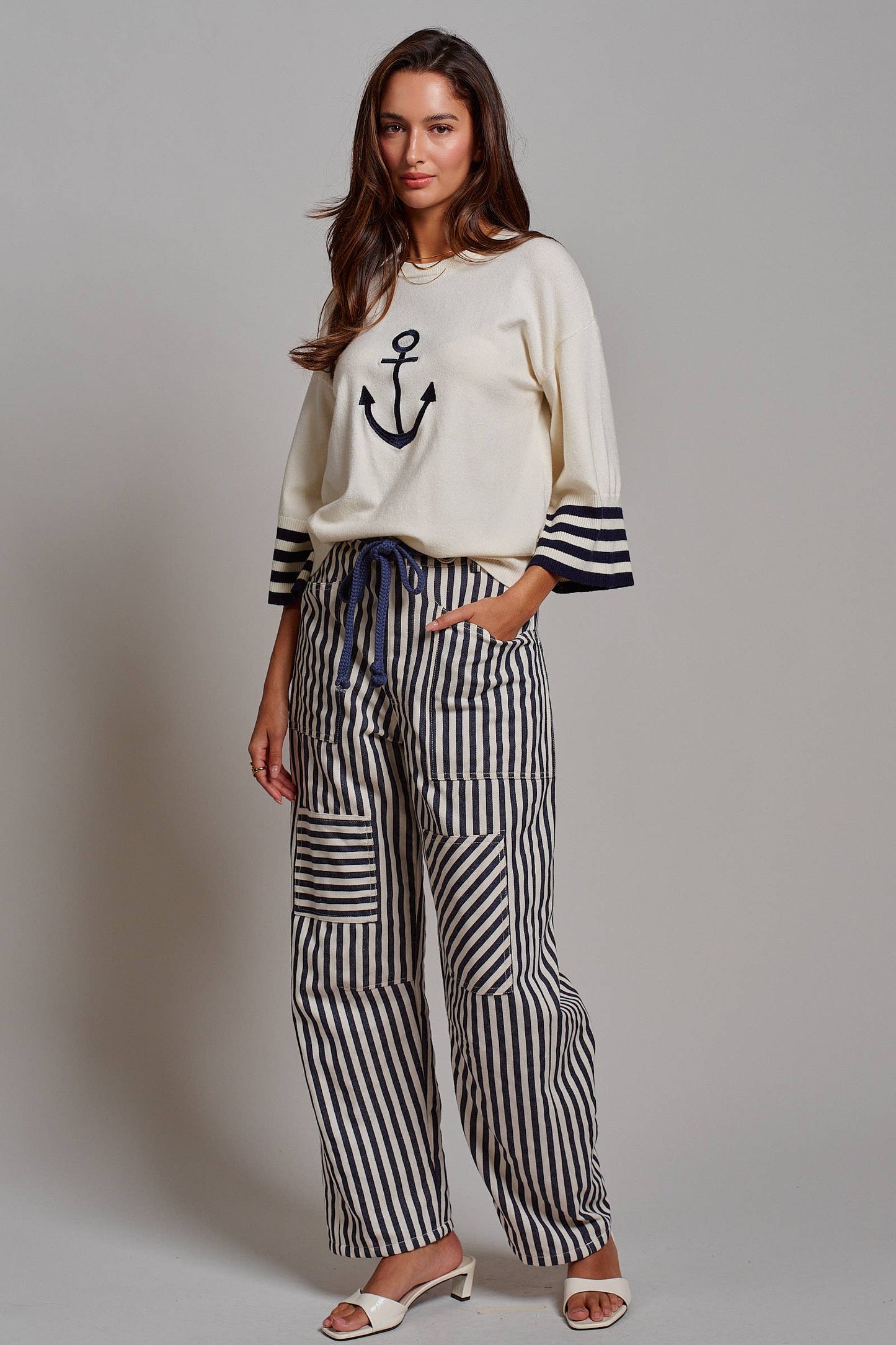 Railroad Striped Patch Pocket Spring Utility Pants: Navy