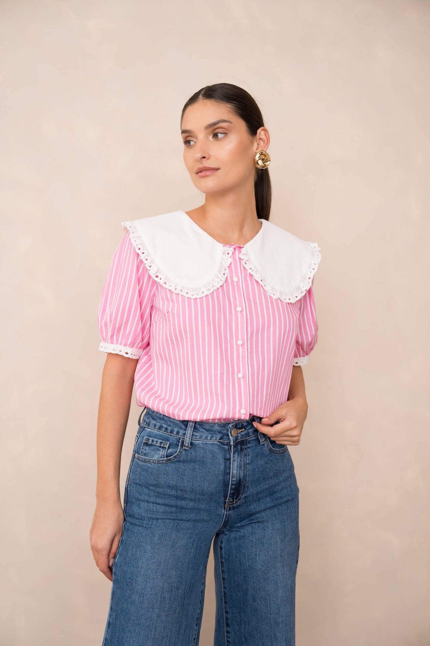 Cotton shirt with Peter Pan collar and short sleeves: Sky Blue