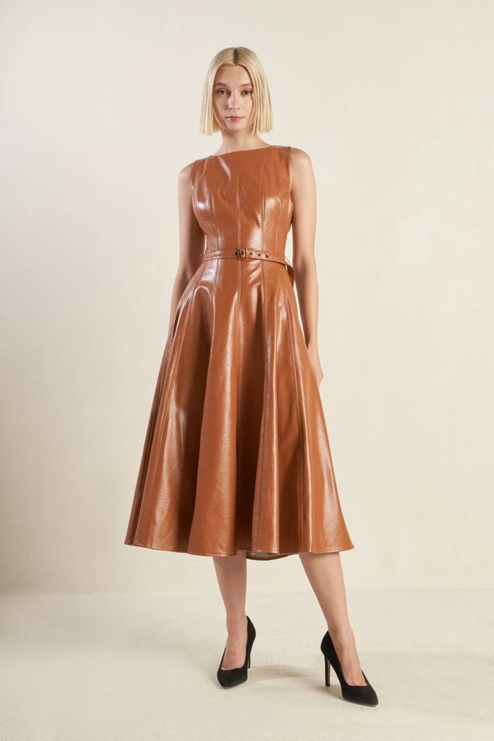 Faux leather belted midi dress - FD1294: CAMEL