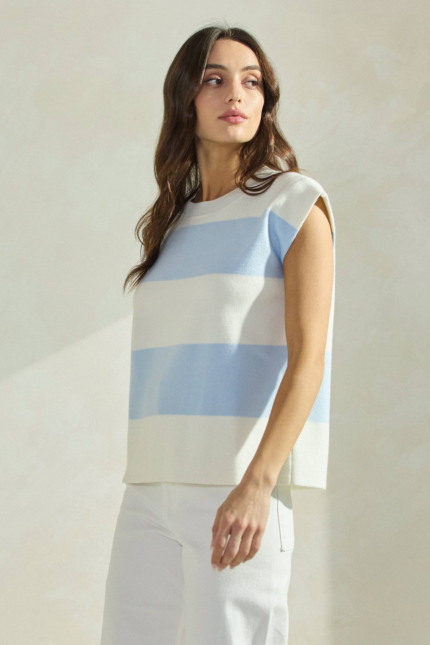 Striped Sleeveless Knit Top: IVORY/SKY