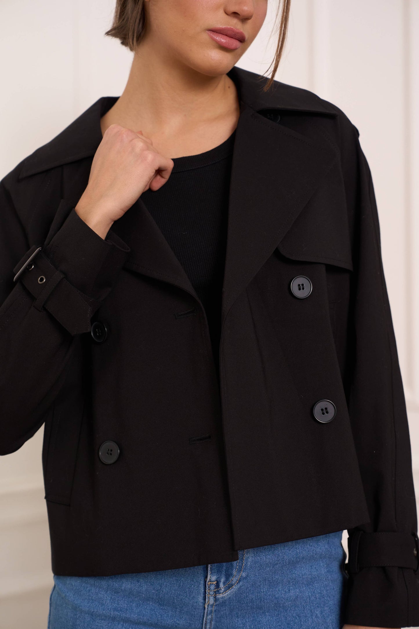 Plain cropped cotton trench coat: Beige