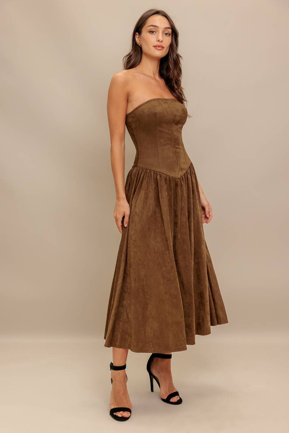 Faux strapless suede midi dress - ID22923: Brown