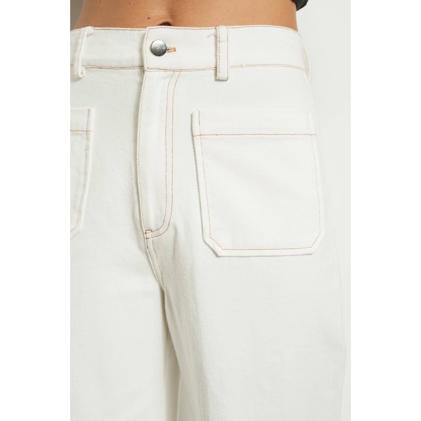Cotton Front Double Pocket Straight Pants: WHITE