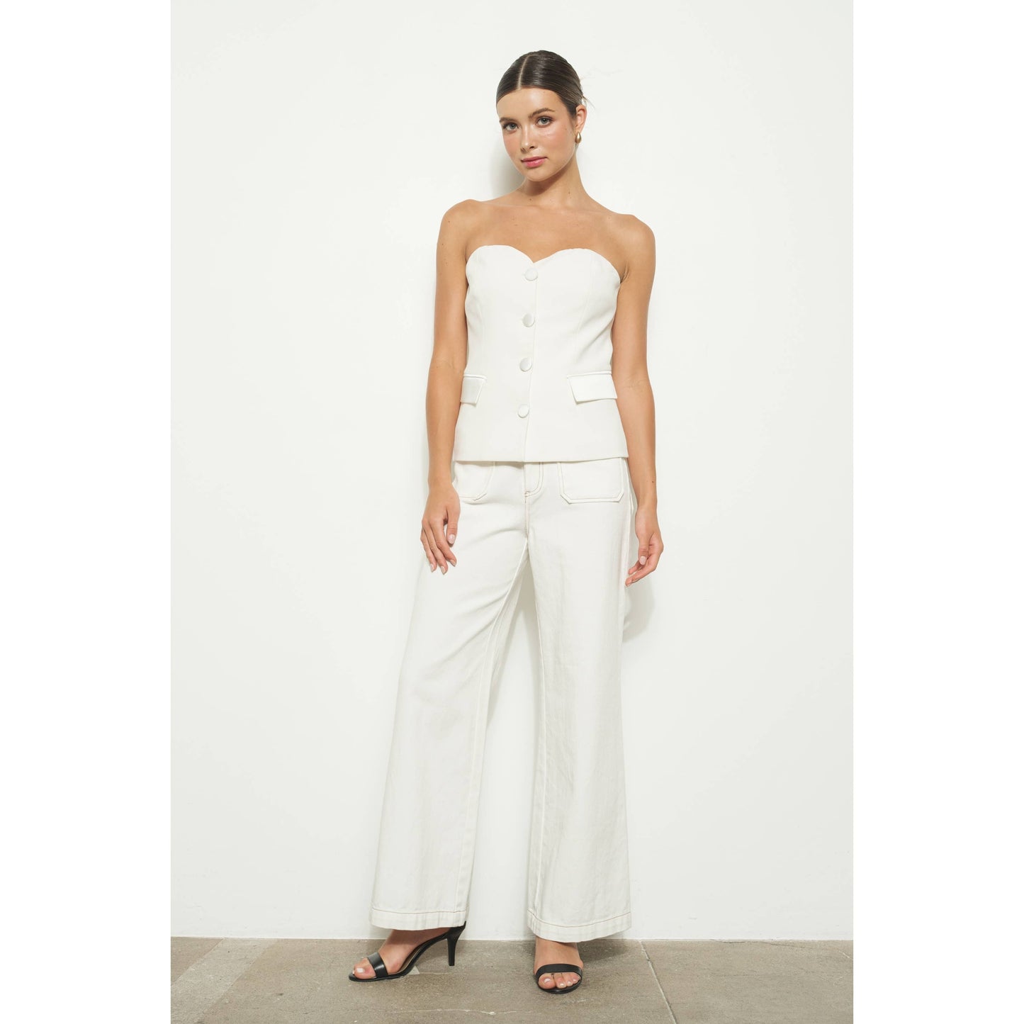 Cotton Front Double Pocket Straight Pants: WHITE