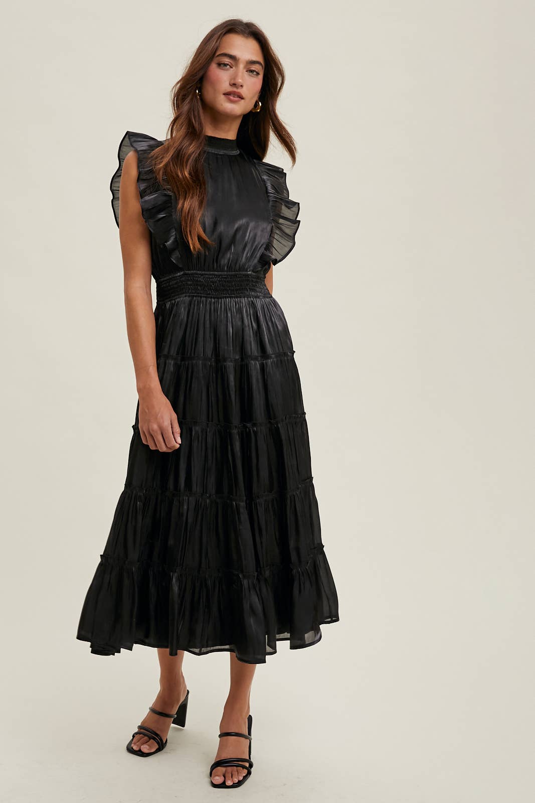 ORGANZA TIERED MIDI DRESS WITH RUFFLE DETAIL / WL23-8374: Black