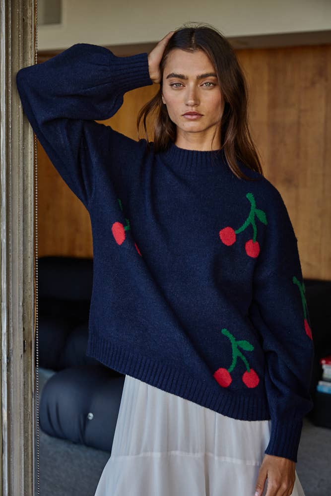 Cherry Print Knit Sweater : Dark Navy / W2269