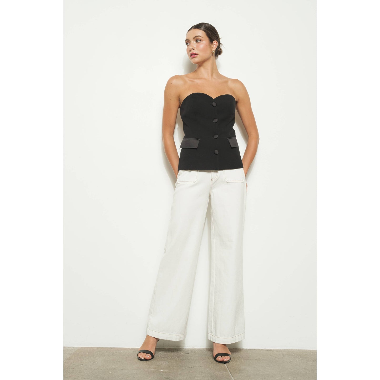 Cotton Front Double Pocket Straight Pants: WHITE