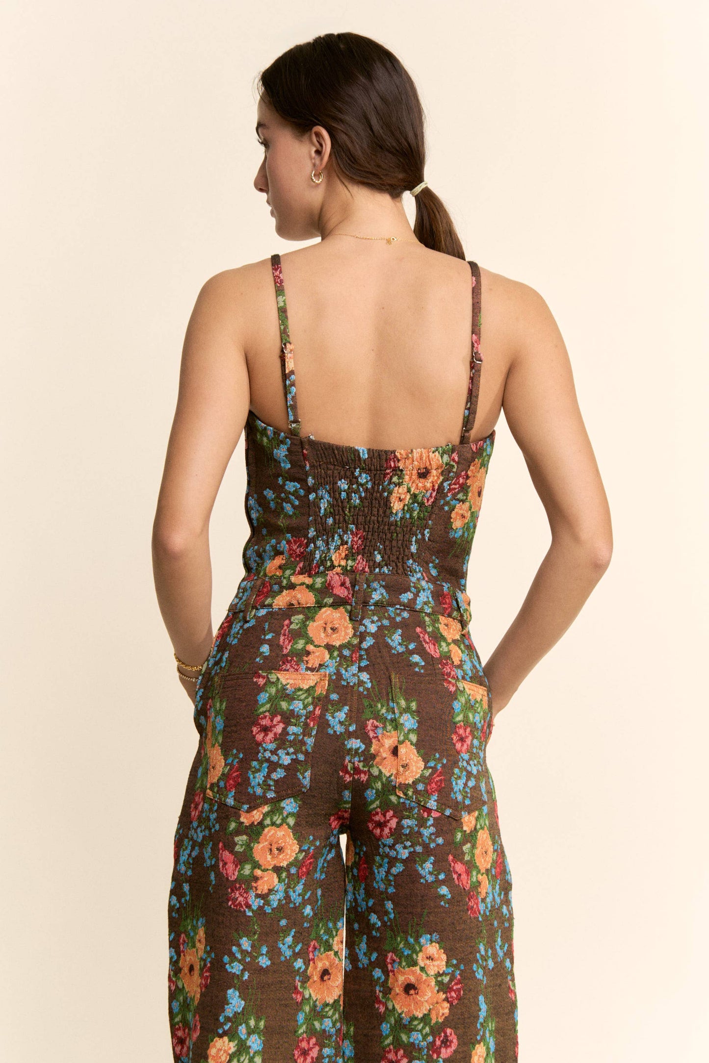 FLORAL JUMPSUIT SPAGHETTI STRAPS SQUARE NECKLINE: Brown