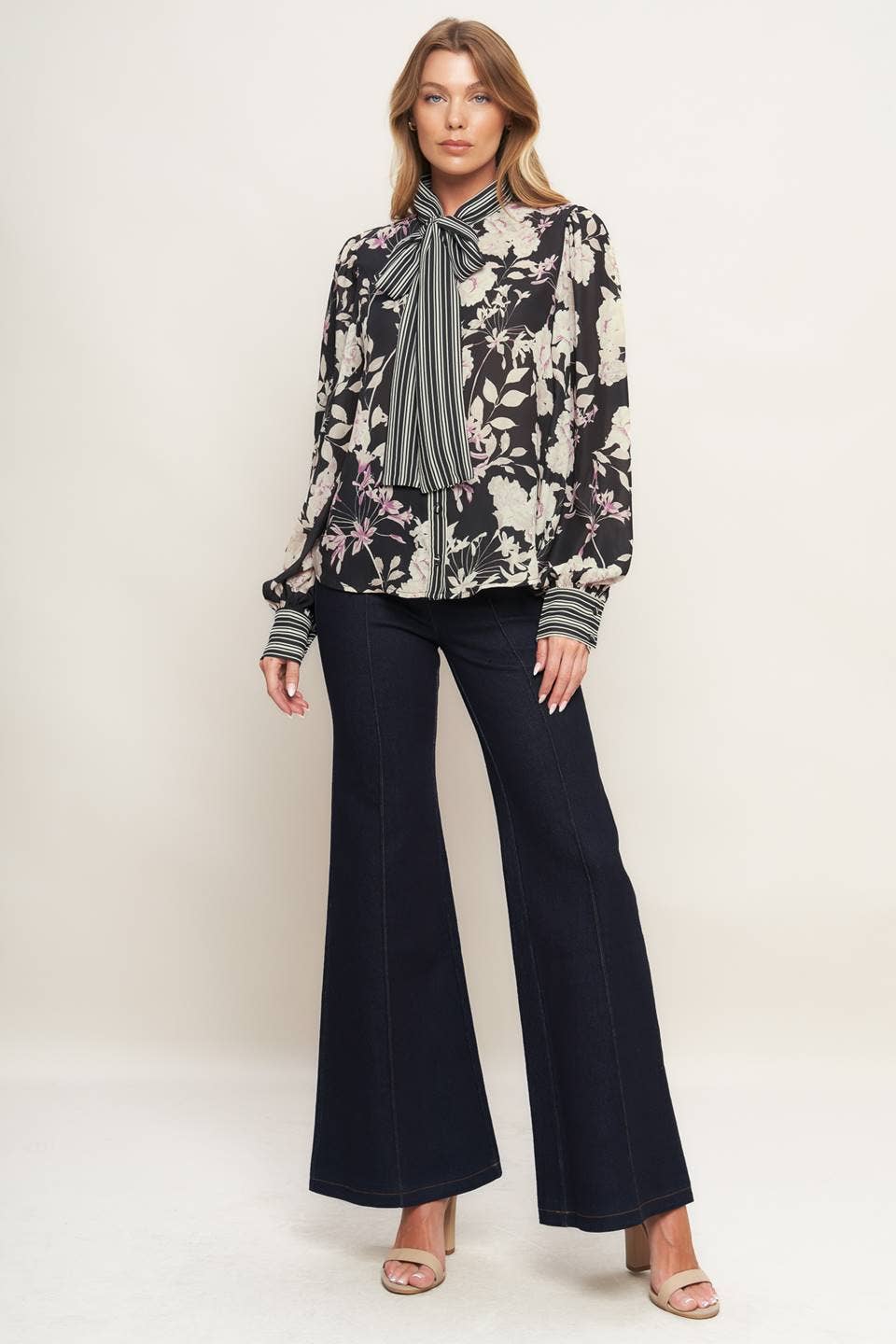 Black/white floral/striped blouse - IT13860: