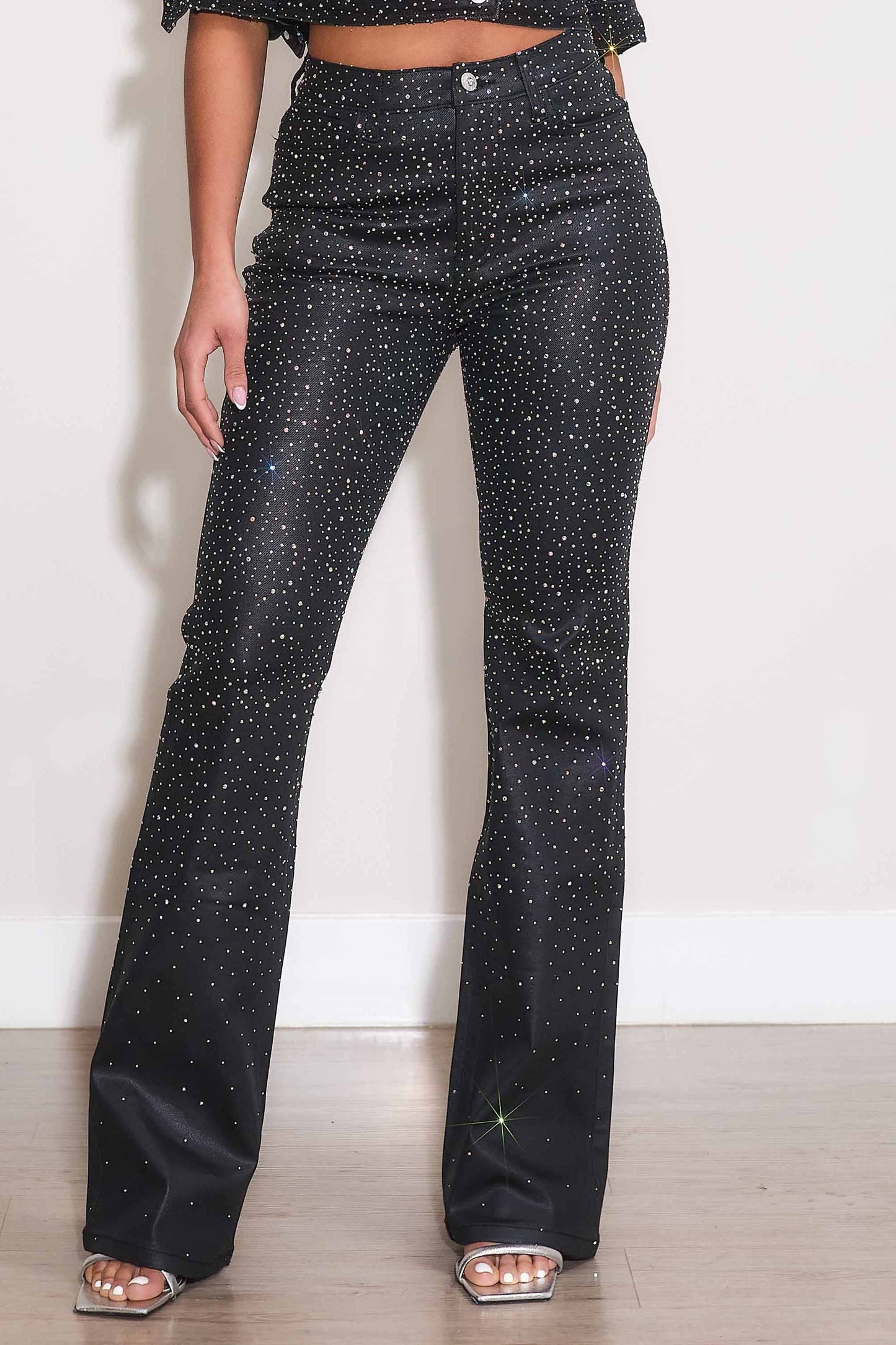 Iridescent Rhinestone Bootcut Coated Pants: Coated Black