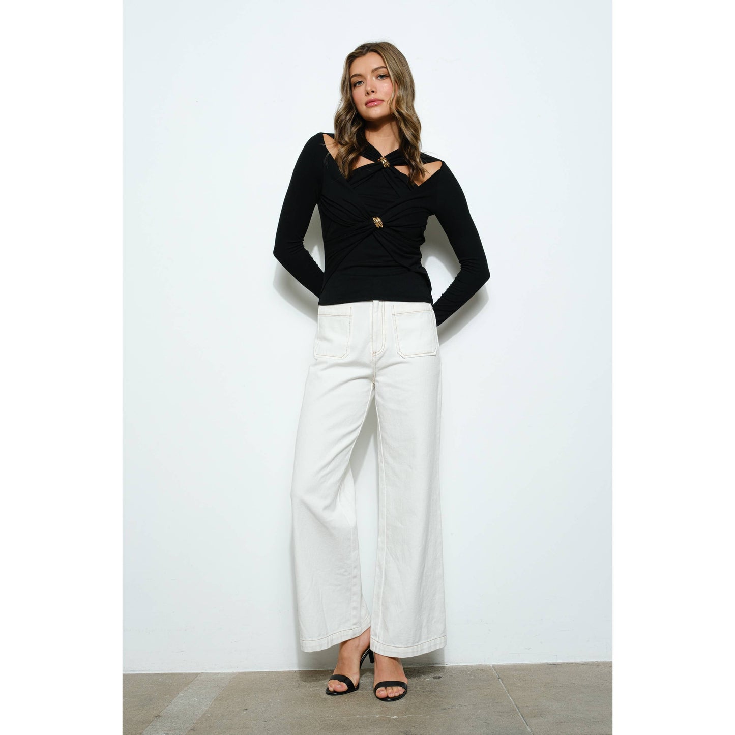 Cotton Front Double Pocket Straight Pants: WHITE