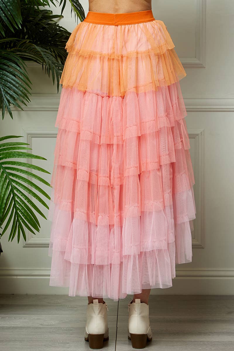 High Low Tiered Tulle Skirt: Orange/Pink / One Size