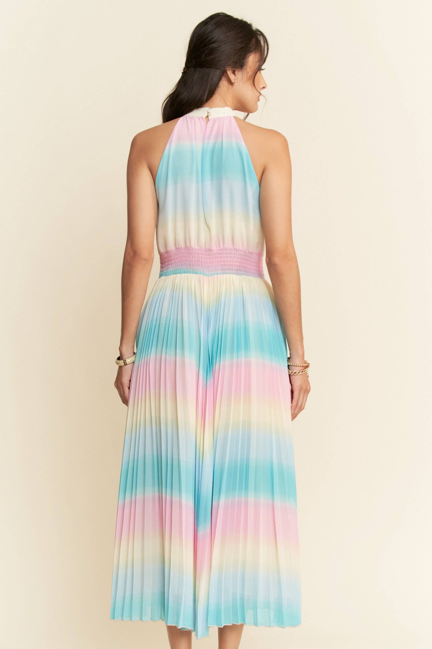 OMBRE STRIPED FULL LINED MAXI DRESS: Rainbow Combo