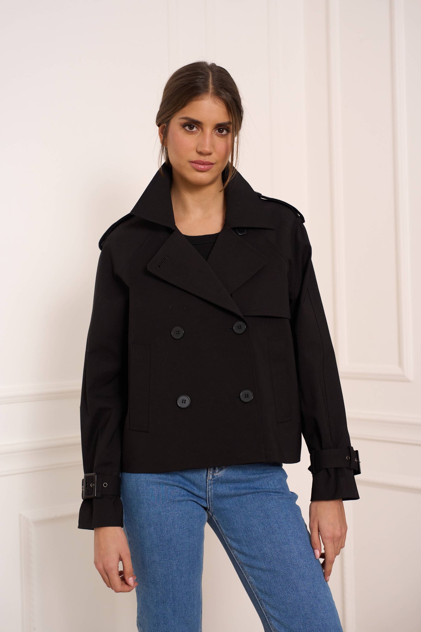 Plain cropped cotton trench coat: Beige