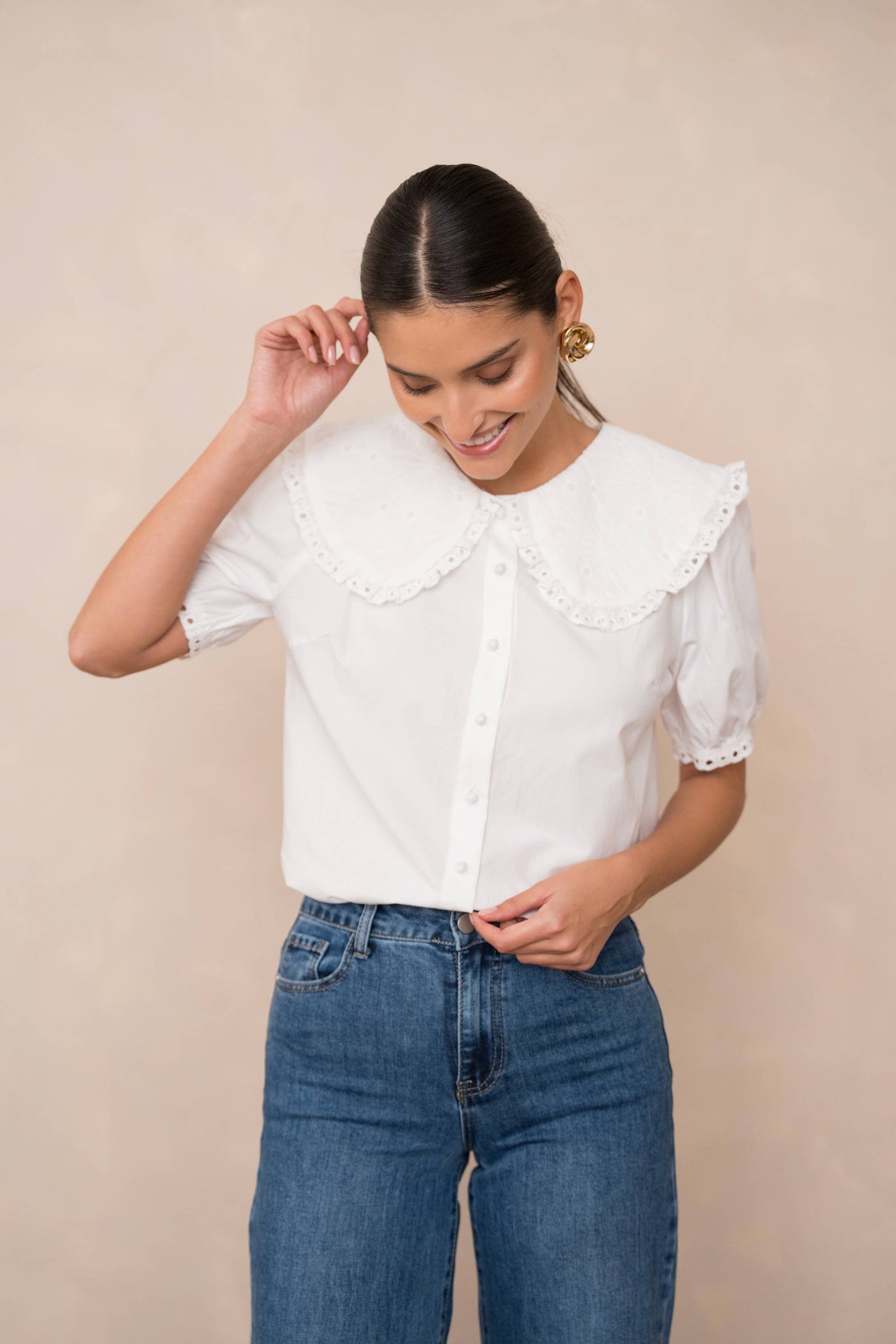 Cotton shirt with Peter Pan collar and short sleeves: Sky Blue