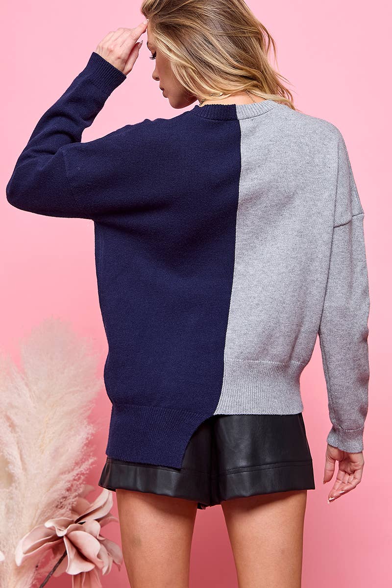 LONG SLEEVE COLOR BLOCK CARDIGAN: Navy