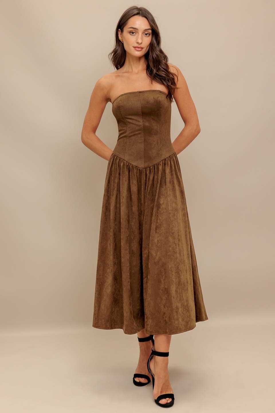 Faux strapless suede midi dress - ID22923: Brown