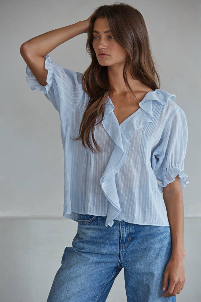 Powder Blue Cotton Button-Down V-Neck Short Sleeve with Ruffle Detail