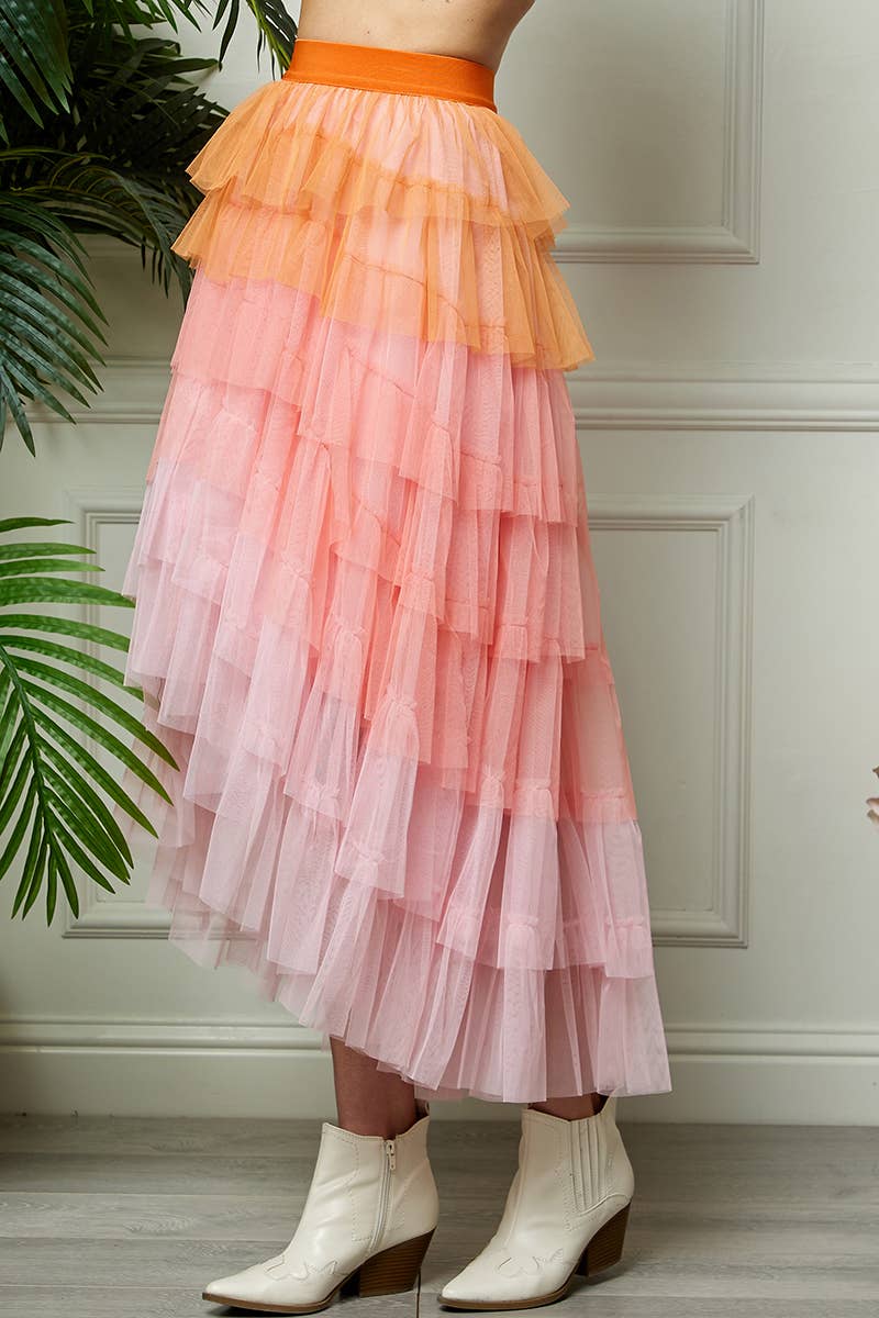 High Low Tiered Tulle Skirt: Orange/Pink / One Size