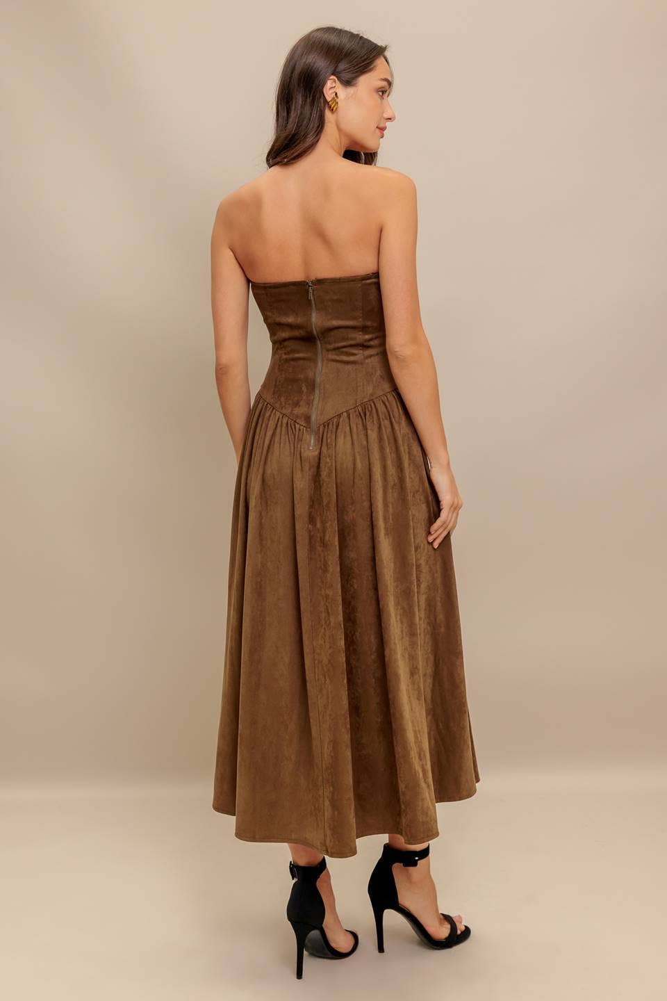 Faux strapless suede midi dress - ID22923: Brown