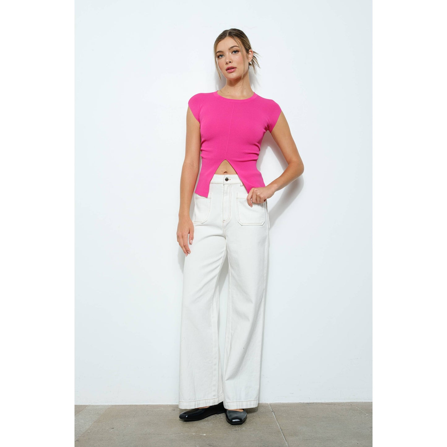 Cotton Front Double Pocket Straight Pants: WHITE