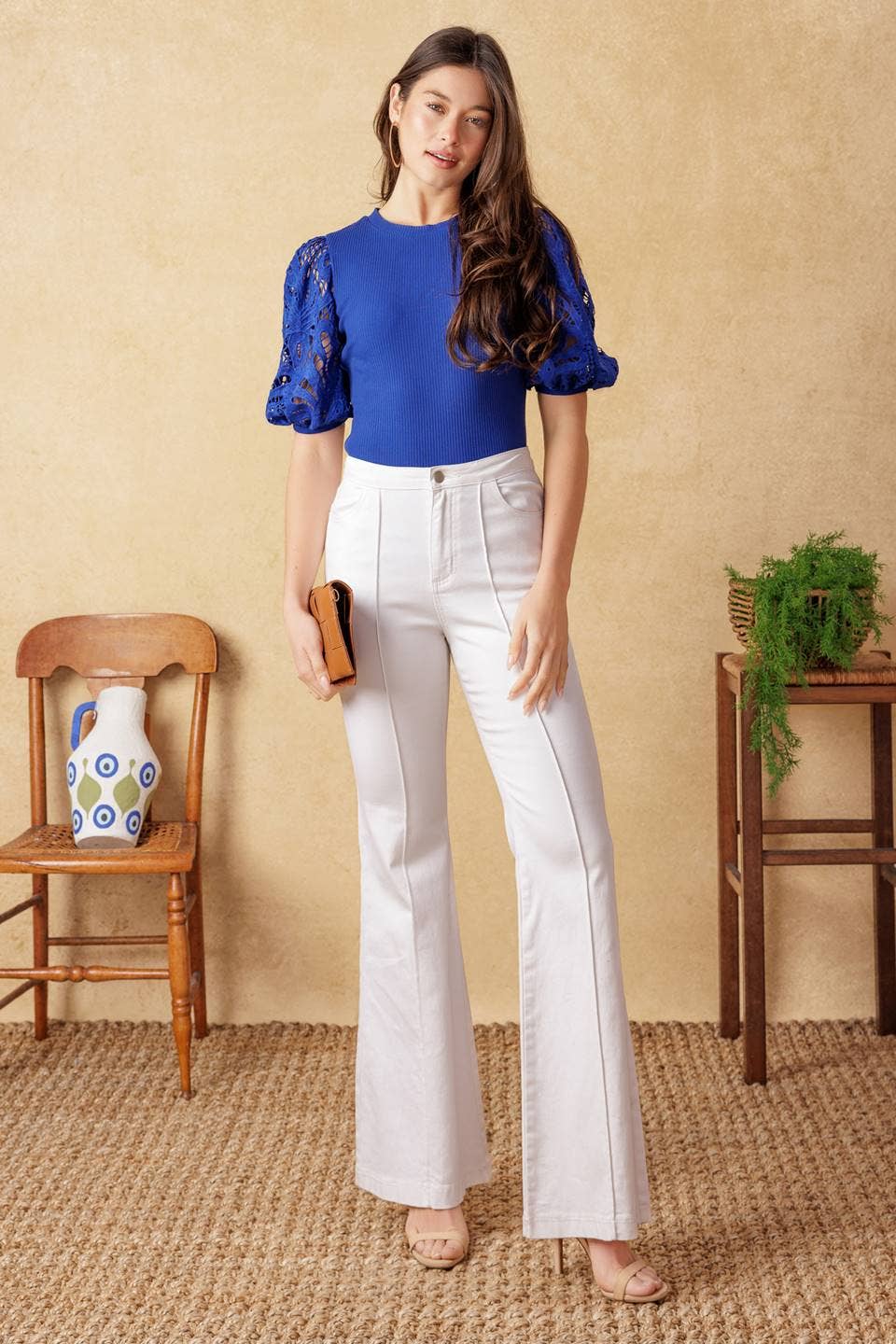 Blue ribbed lace sleeve shirt - IT12257: Contemporary