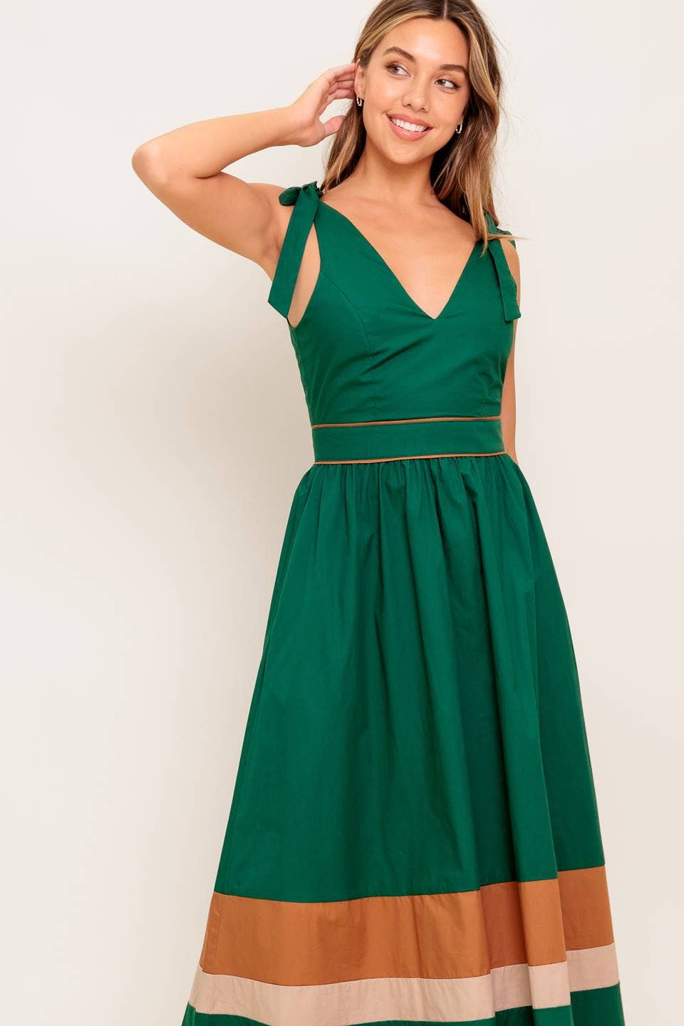 Green/Taupe color blocked midi dress - ID22698: