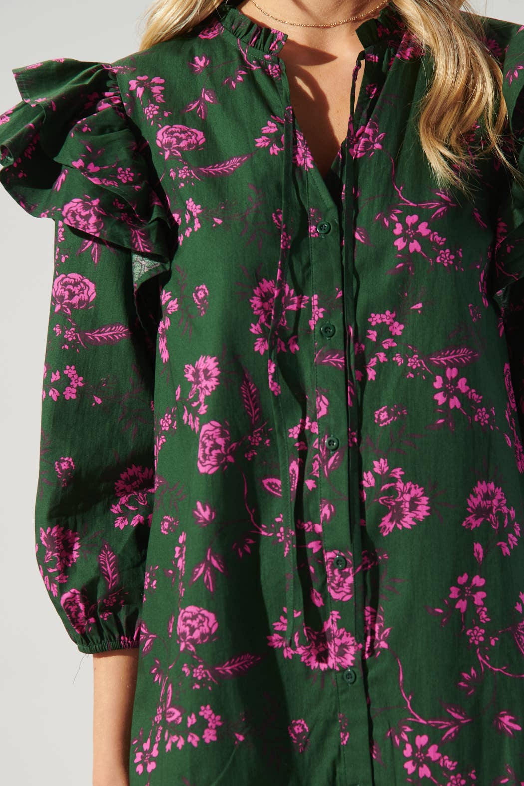Close to You Sammy Ruffle Drop Waist Dress: FOREST-PNK / M