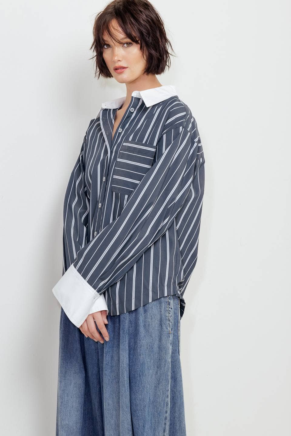 Charcoal/White striped woven top - FT1310