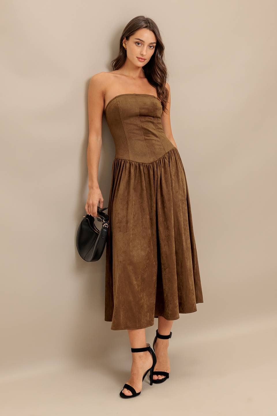 Faux strapless suede midi dress - ID22923: Brown