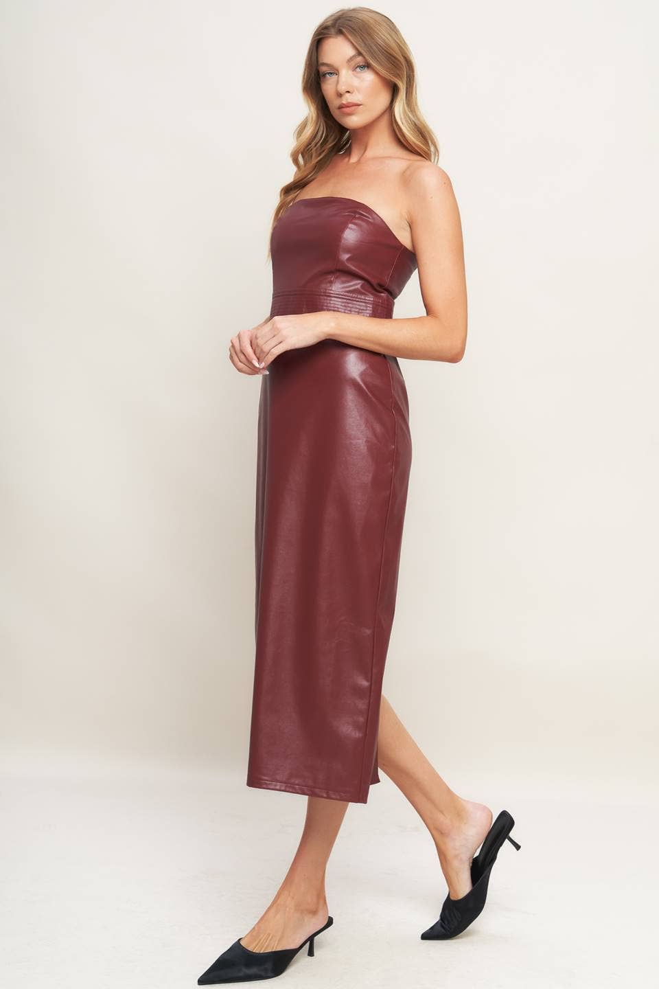 Burgundy fitted faux leather midi dress - ID22740: Burgundy