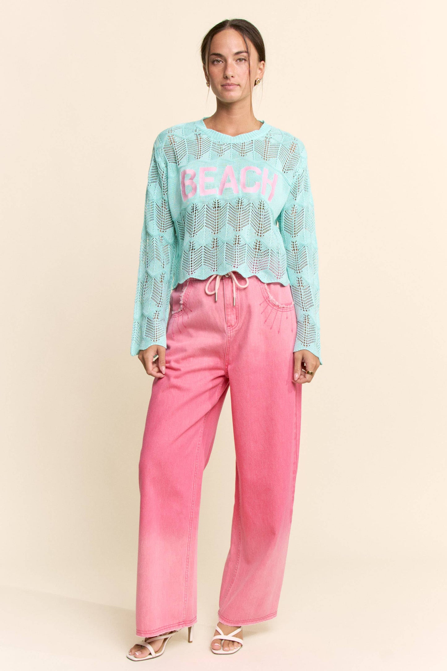 PEARL STONE BEACH LETTERING CROCHET SWEATER TOP: AQUA BLUE