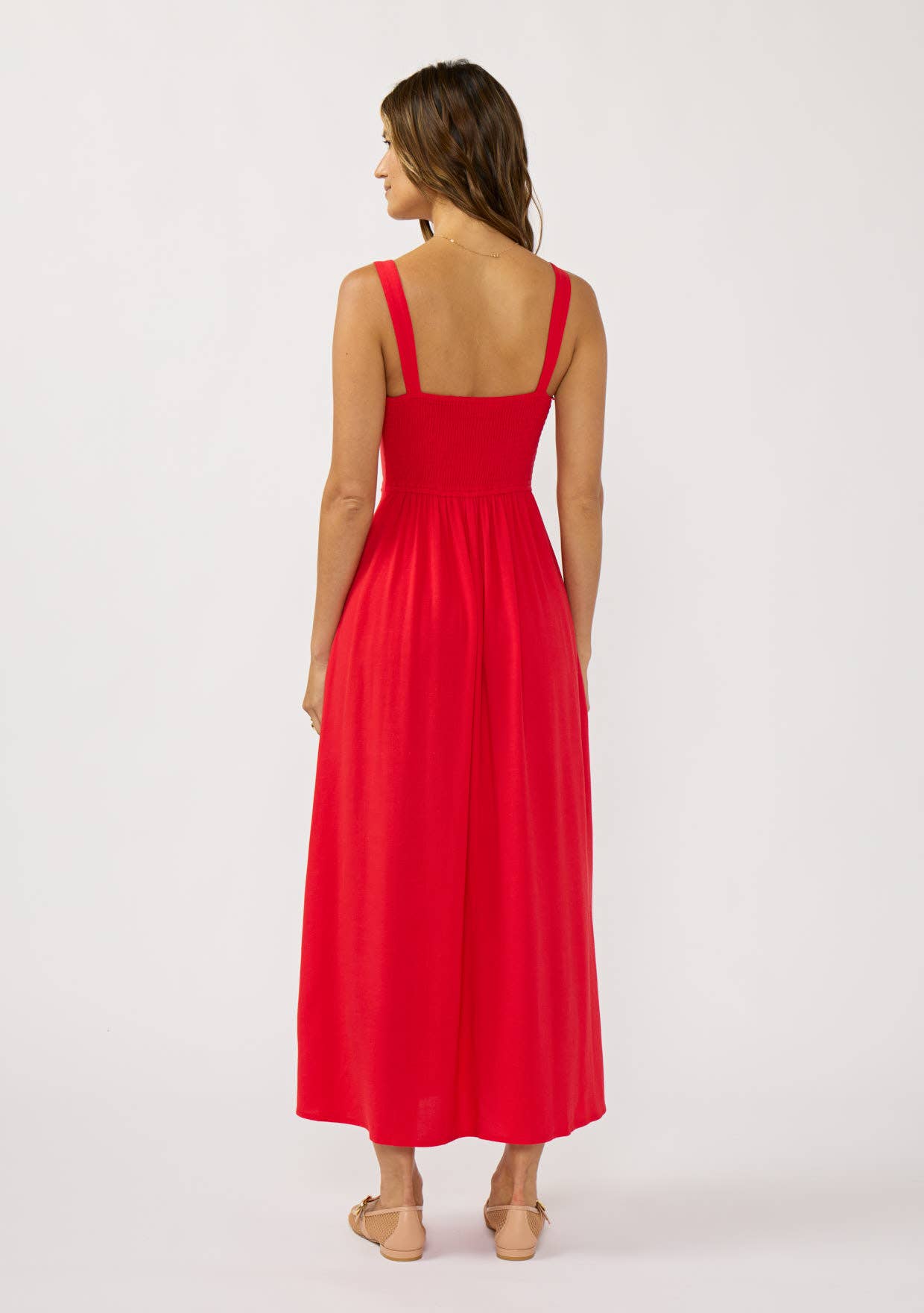V-Neck Ruched Button Down Maxi Dress: Tomato