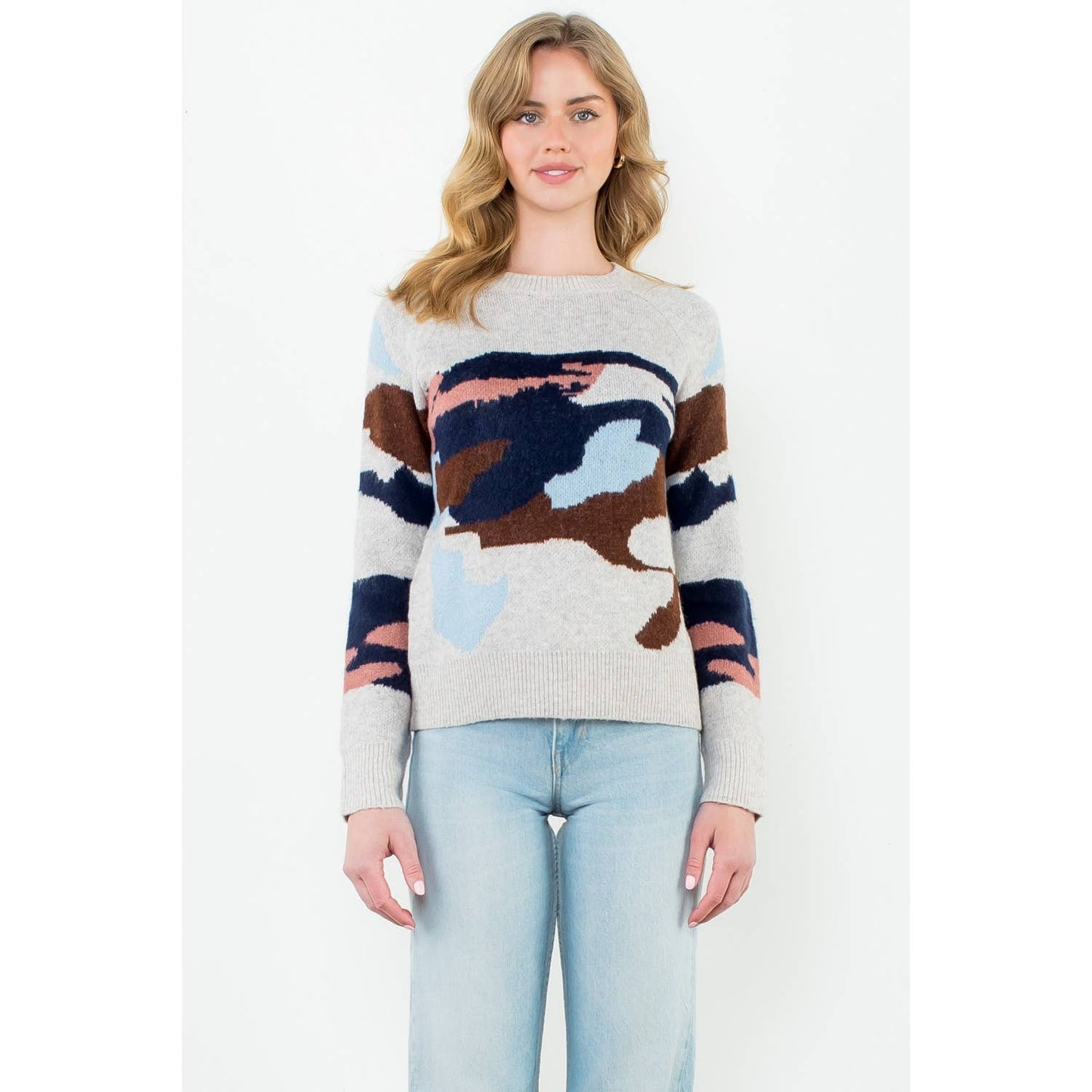Camo Knit Crewneck: BEIGE