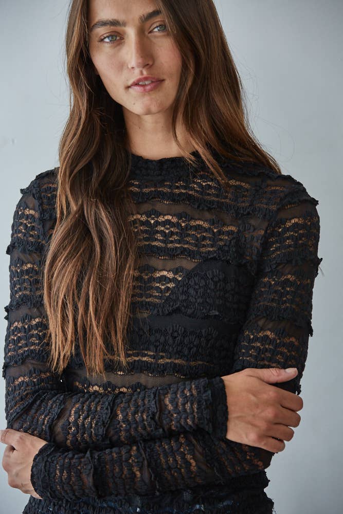 Lace See Through Mock Top: Black