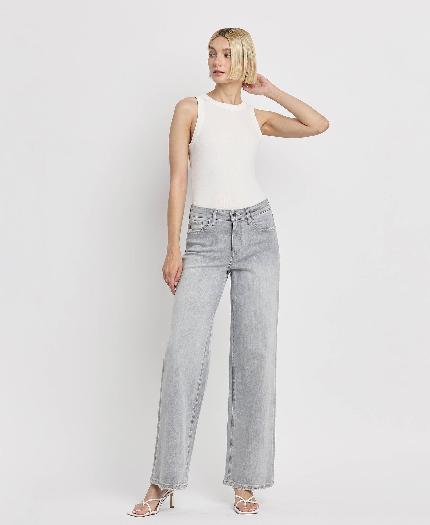 Flying Monkey High Rise Light Grey Wide Leg Jeans F5651