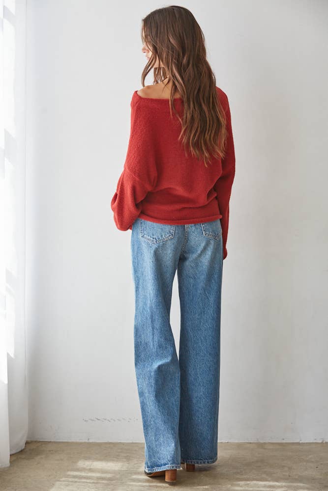 Boat Neck Long Sleeve Pullover Top: Wine