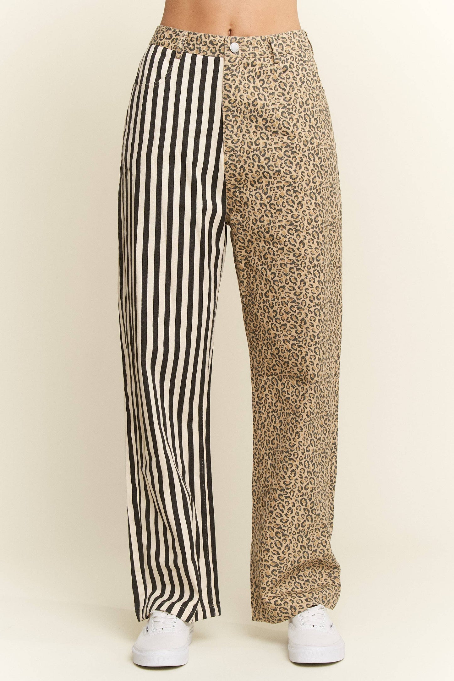 MIX & MATCH LEOPARD-STRIPE PANTS: Brown