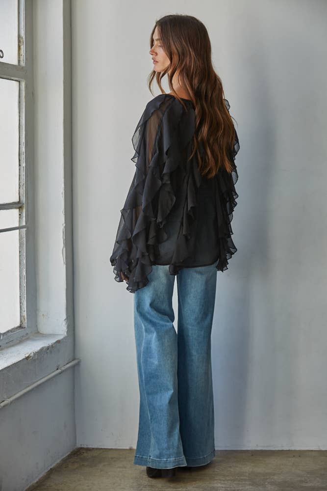 Ruffled V-Neck Button Down Top: Black