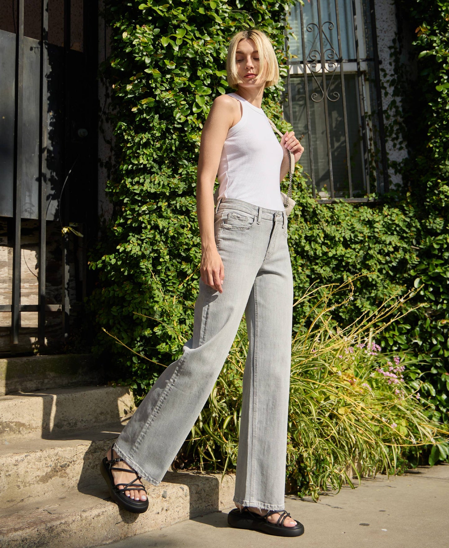 Flying Monkey High Rise Light Grey Wide Leg Jeans F5651