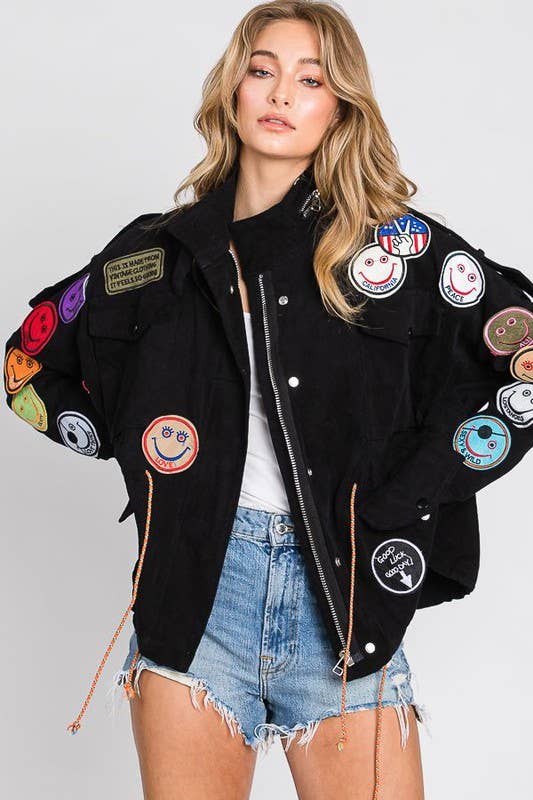 Smile Patchwork Jacket: Black