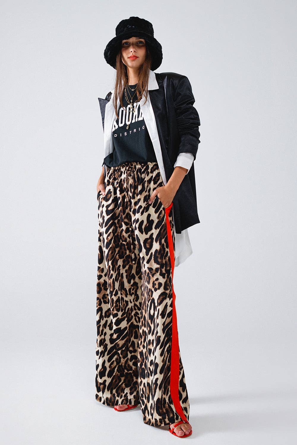 Leopard Straight Pants With Red Stripes Down The Sides: Brown