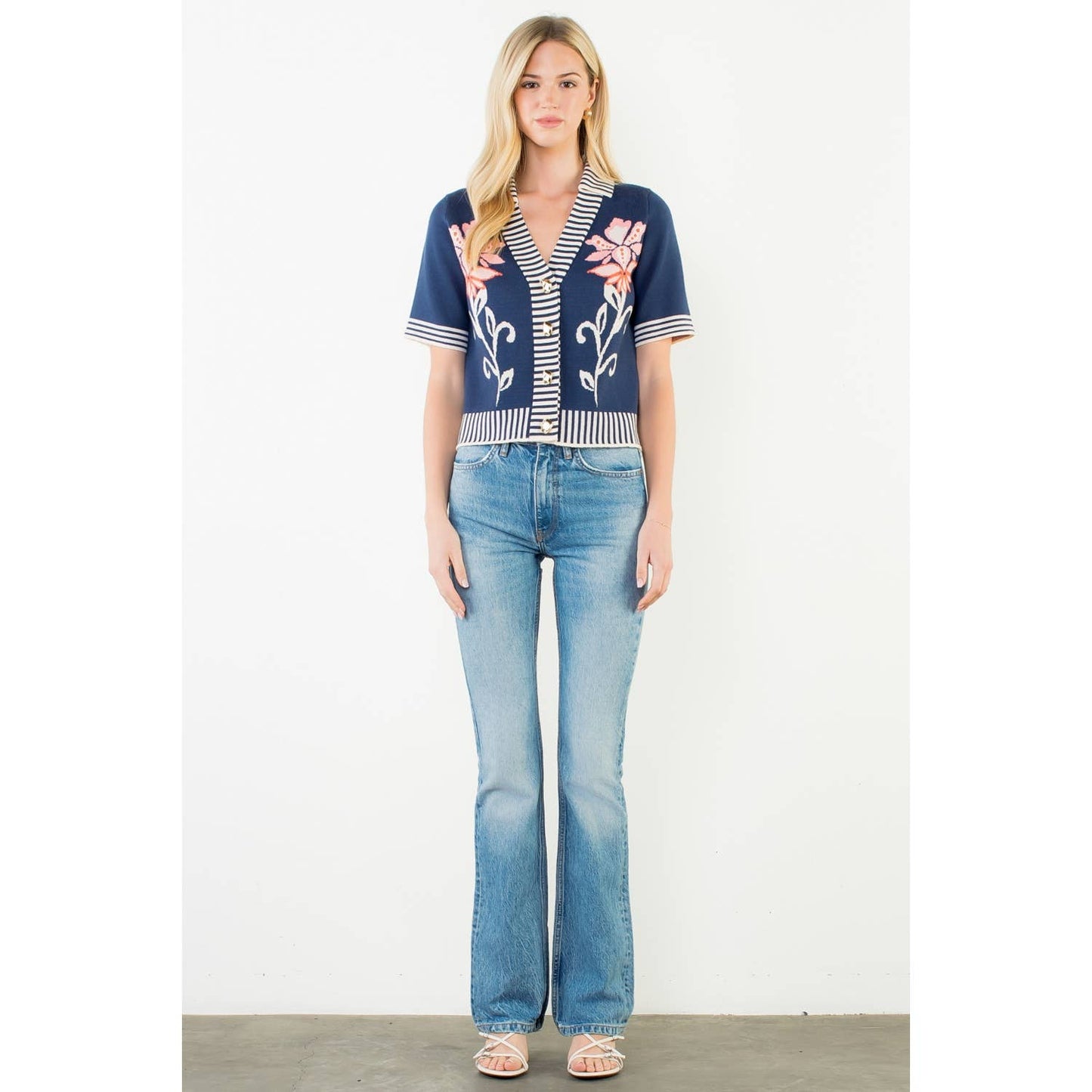 Floral Jacquard Stripe Trim Knit Top: NAVY