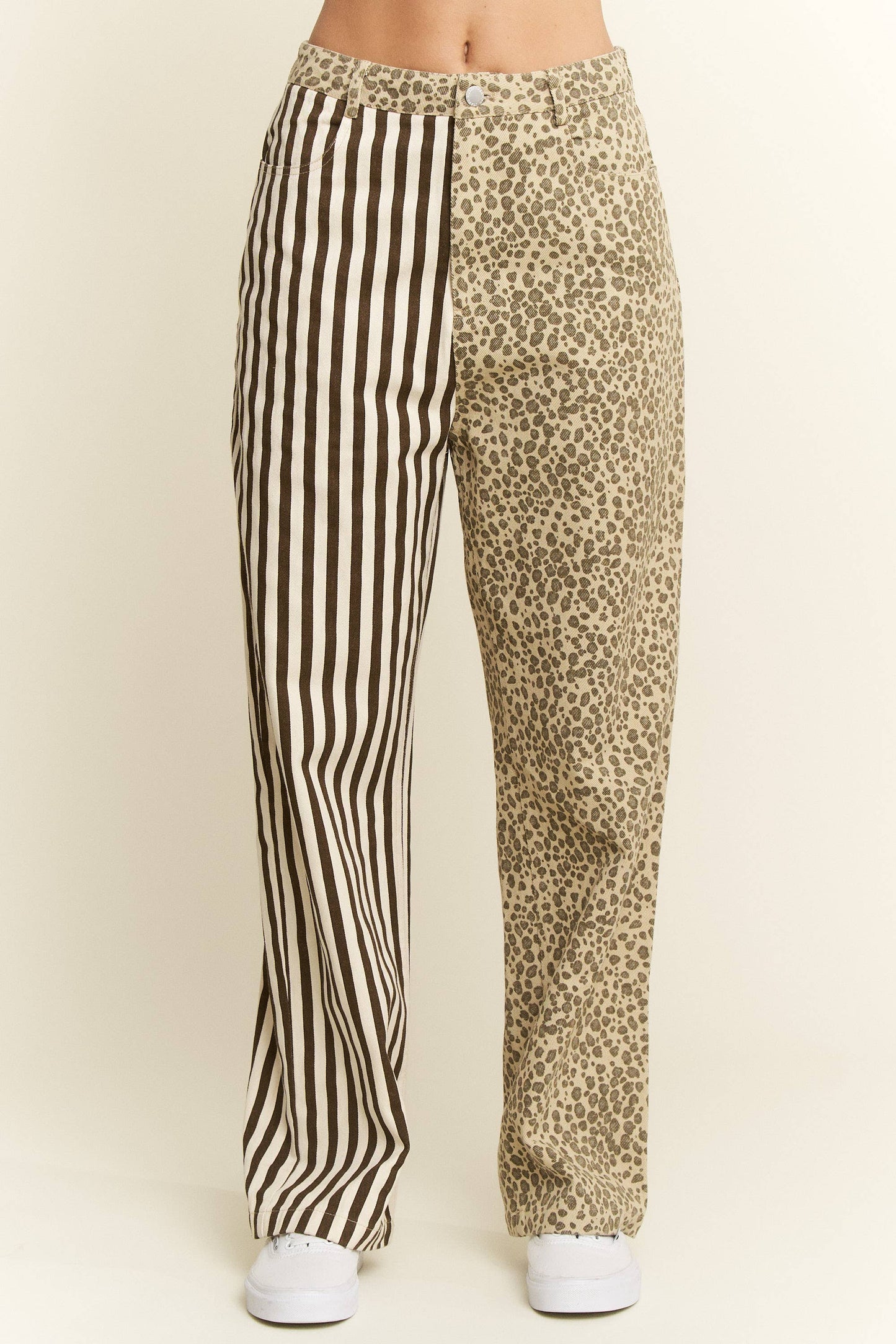 MIX & MATCH LEOPARD-STRIPE PANTS: Brown