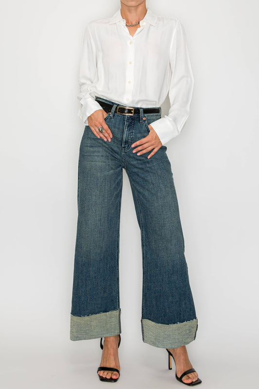 INSEAM TRANSFER TUMMY CONTROL HIGH RISE WIDE LEG JEANS:
